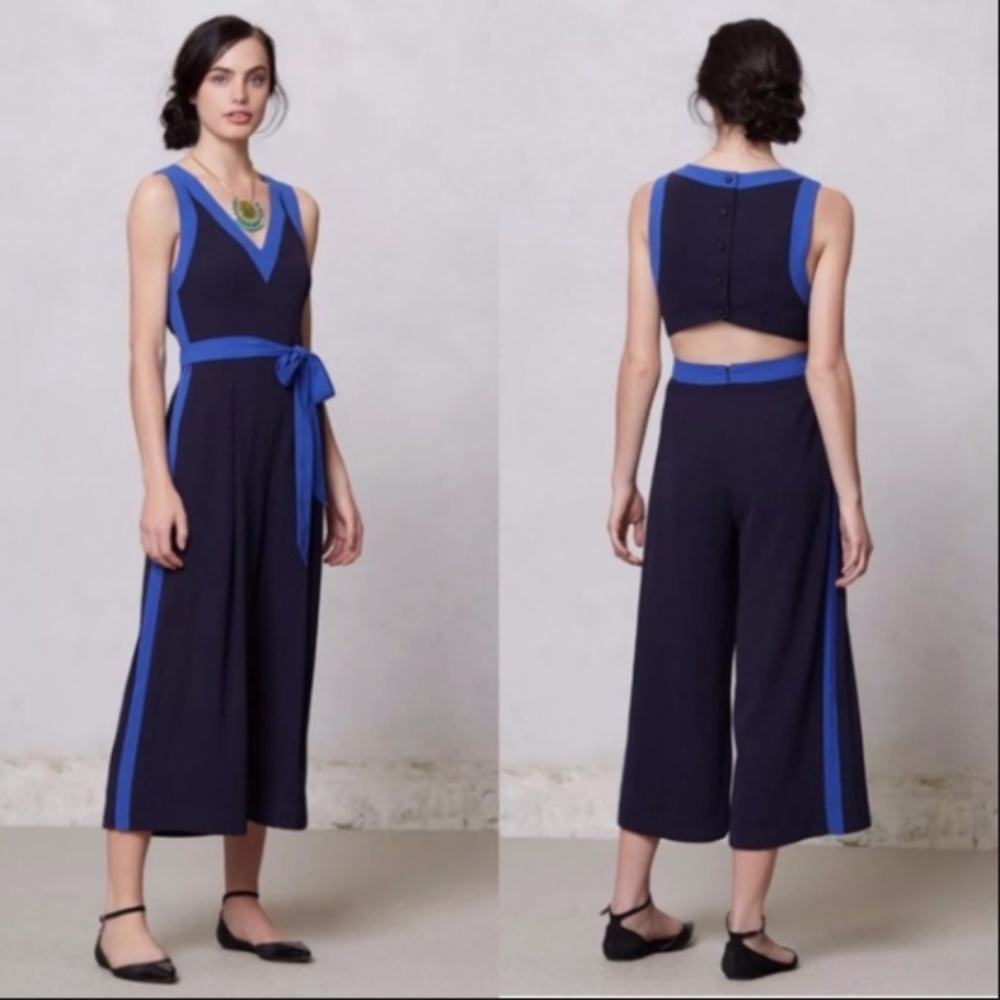 Anthro Elevenses Navy Blue Belt Ankle Jumpsuit